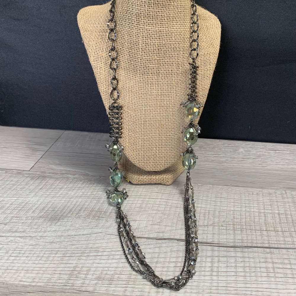 J. Jill Gunmetal Sage Green Faceted Glass Bead Multi Strand Long Necklace